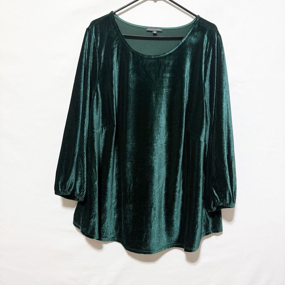 Adrianna Papell Velvet Top 3X Emerald Green Long Sleeve Stretch Holiday Blouse